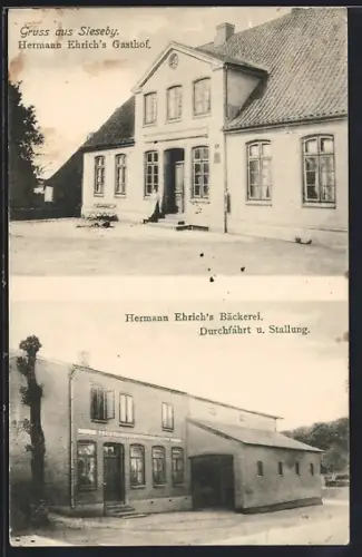 AK Sieseby, Hermann Ehrich`s Gasthof, Bäckerei und Durchfahrt zur Stallung