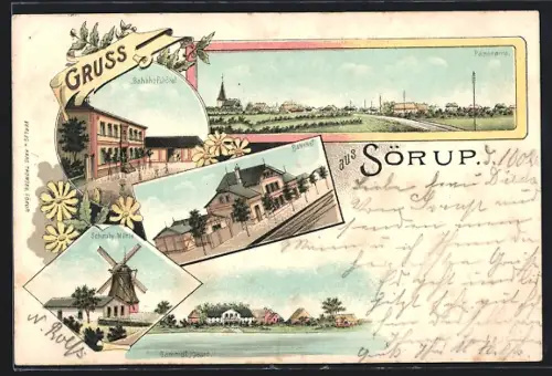 Lithographie Sörup, Bahnhof, Bahnhofshotel, Windmühle, Panorama