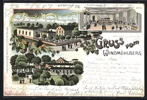 Lithographie Seifhennersdorf, Gasthaus Windmühlberg mit Innenansicht