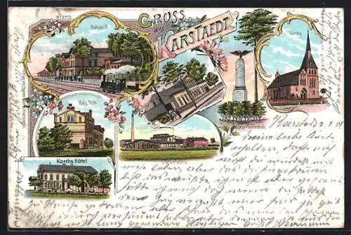 Lithographie Karstädt / Prignitz, Bahnhof, Korths Hotel, Stärkefabrik, Kriegerdenkmal, Kaiserliche Post