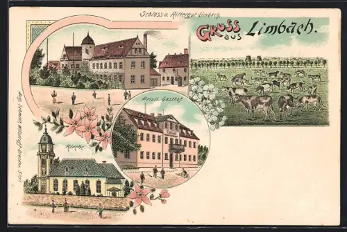 Lithographie Limbach / Wilsdruff, Privil. Gasthof, Schloss und Rittergut Limbach