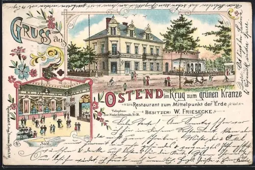 Lithographie Berlin-Oberschöneweide, Ostend, Gasthof im Krug zum grünen Kranze