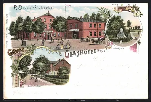 Lithographie Glashütte / Holstein, Gasthof von R. Dabelstein, Kaisl. Postamt