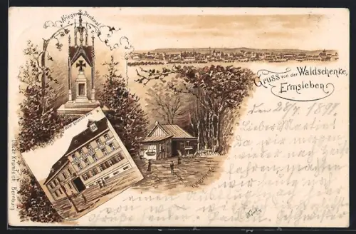 Lithographie Ermsleben, Hotel goldener Krug, Krieger-Denkmal, Gasthaus Waldschänke