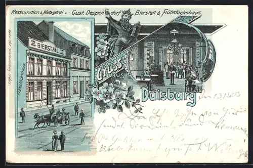 Lithographie Duisburg, Gasthaus Bierstall mit Innenansicht