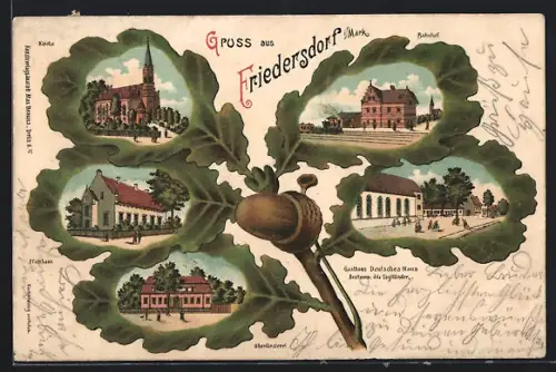 Passepartout-Lithographie Friedersdorf / Mark, Bahnhof, Gasthaus Deutsches Haus, Pfarrhaus, Kirche, Eichenblatt