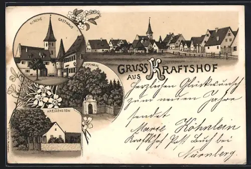 Lithographie Kraftshof, Gasthaus, Kirche, Kressenstein, Irrhain