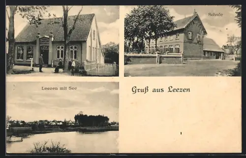 AK Leezen / Segeberg, Ortsansicht mit See, Geschäftshaus Koopmann, Schule
