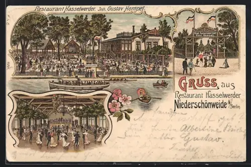 Lithographie Niederschöneweide b. Berlin, Restaurant Hasselwerder mit Tanzsaal