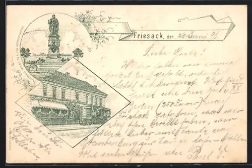 Lithographie Friesack, Schulze's Hotel zum Hohenzollern, Denkmal