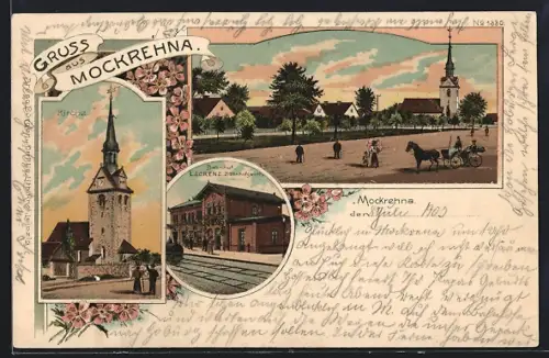 Lithographie Mockrehna, Bahnhof mit Banhofswirtschaft, Kirche