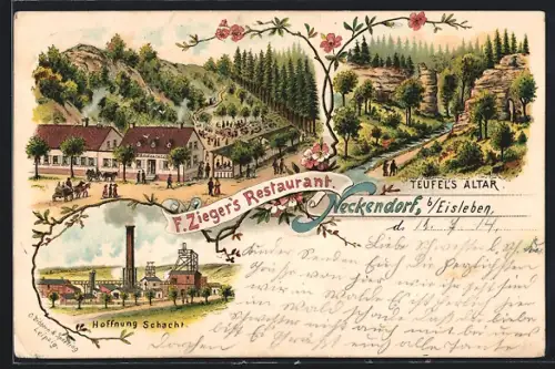 Lithographie Neckendorf b. Eisleben, Hoffnung Schacht, Teufels Altar, Restaurant