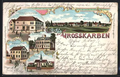 Lithographie Grosskarben, Handlung v. Eduard Grimm, Gasthaus zur Linde, Kirche
