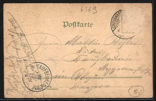 Lithographie Grosskarben, Handlung v. Eduard Grimm, Gasthaus zur Linde, Kirche