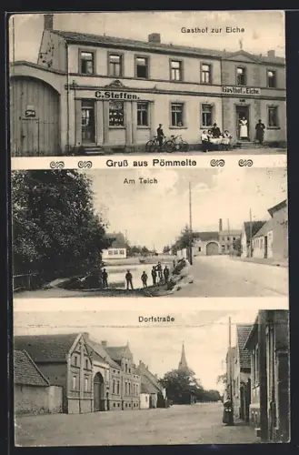 AK Pömmelte, Gasthof zur Eiche, Strassenpartie am Teich, Dorfstrasse