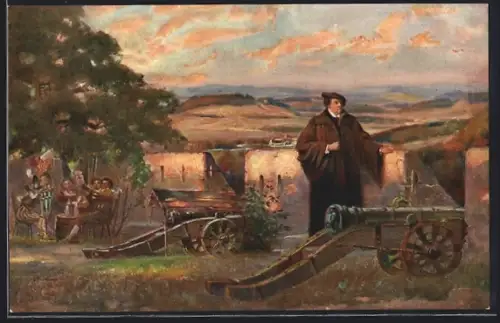 Künstler-AK Coburg, Festung, Luther 1530, Kanonen, historische Szene, Festungsbaufond