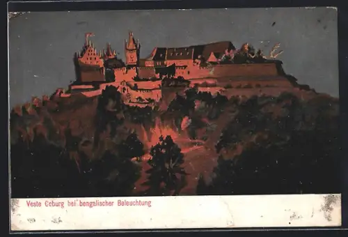 Künstler-AK Coburg, Veste Coburg bei bengalischer Beleuchtung