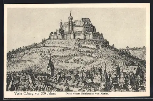 Künstler-AK Coburg, Veste Coburg nach Merian-Kupferstich vor 200 Jahren
