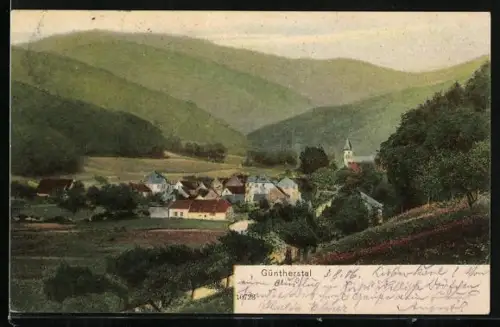 Lithographie Günterstal, Ortsansicht mit Kirche und umliegenden Bergen