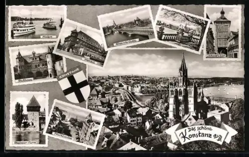 AK Konstanz, Münster, Rathaus, Rheinbrücke, Wappen
