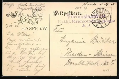 AK Haspe i. W., Vereinslazarett / Katholisches Krankenhaus, Feldpostkarte mit Gruss-Ornament