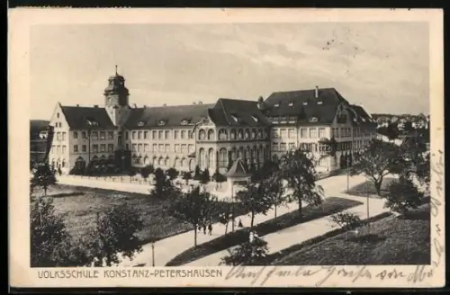 AK Konstanz-Petershausen, Volksschule mit Umgebung aus der Vogelschau