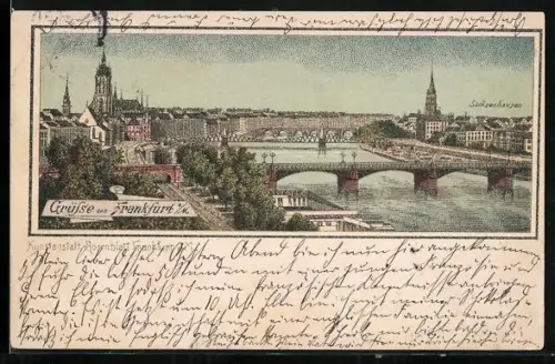 Lithographie Alt-Frankfurt, Dom, Alte Brücke, Sachsenhäuser Ufer