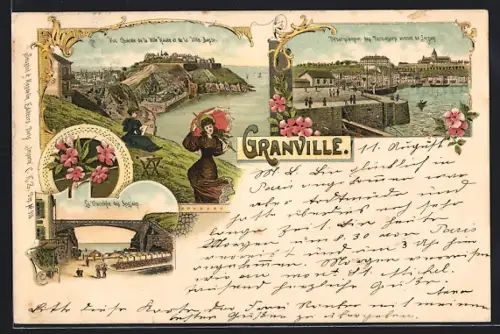 Lithographie Granville, Vue générale de la Ville Haute et de la Ville Basse, La Tranchée des Anglais, Débarquement