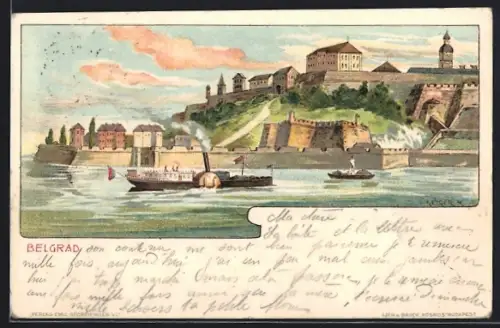 Lithographie Belgrad, Flusspartie mit Dampfer, Panoramaansicht der Stadt