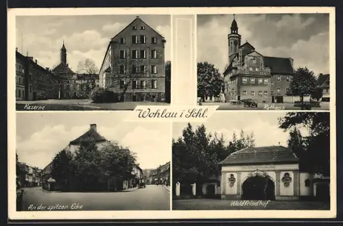 AK Wohlau, Kaserne, Rathaus, Strassenpartie an der spitzen Ecke
