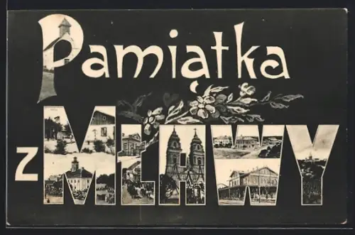 AK Mlawa, Ortsansichten im Schriftzug Pamiatka z Mlawy