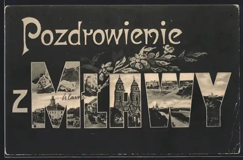 AK Mlawa, Ortsansichten im Schriftzug Pozdrowienie z Mlawy