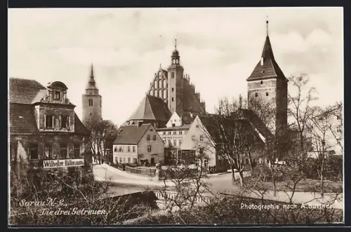 AK Sorau / Zary, die Drei Getreuen mit Haus von Wilhelm Hiltmann