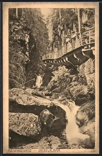 AK Zackelklamm /Riesengebirge, Besucher auf einem Holzweg