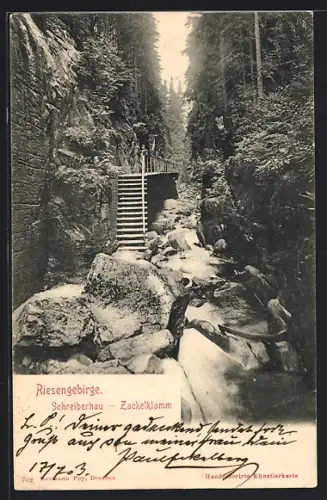 AK Schreiberhau /Riesengebirge, Treppe in der Zackelklamm
