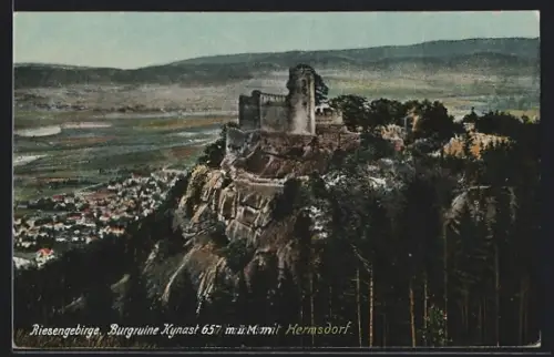 AK Hermsdorf, Gesamtansicht m. Burgruine Kynast