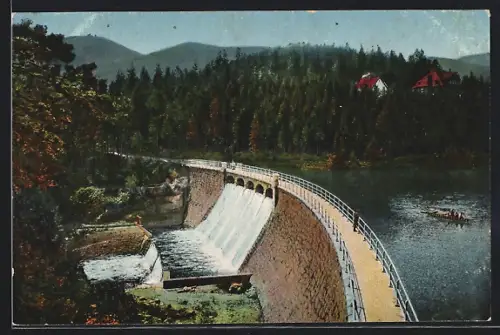 AK Krummhübel i. Riesengebirge, Lomnitztalsperre mit Schneekoppe