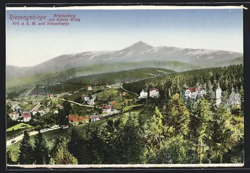 AK Brückenberg /Riesengebirge, Ortsansicht mit Kirche Wang und Schneekoppe