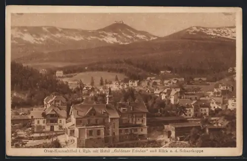 AK Ober-Krummhübel i. Rgb., Hotel Goldener Frieden und Blick nach der Schneekoppe