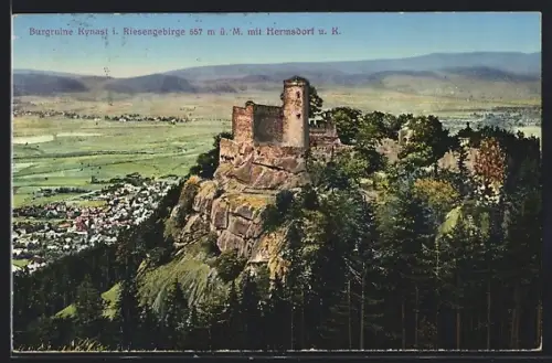 AK Kynast i. Riesengebirge, Burgruine mit Blick nach Hermsdorf