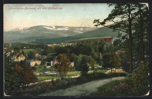 AK Schreiberhau-Mariental, Ortsansicht mit dem Hochgebirge