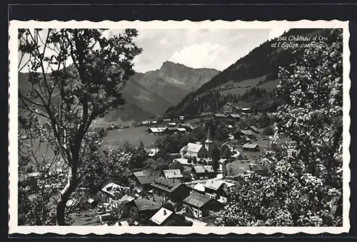 AK Château d`Oex, Panorama et l`Eglise catholique