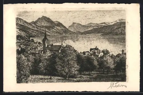 Künstler-AK Weggis, Uferpartie mit Kirche