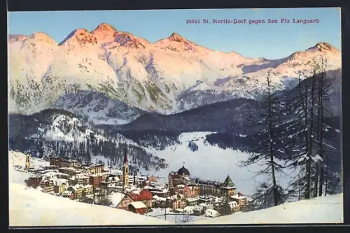 AK St. Moritz-Dorf, Teilansicht gegen den Piz Languard im Schnee