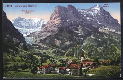 AK Grindelwald, Ortspartie mit Viescherhörner und Eiger
