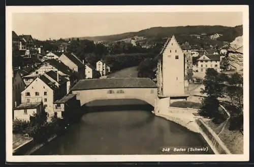 AK Baden, Uferpartie mit Brücke