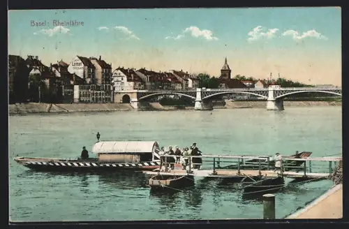 AK Basel, Brücke und Rheinfähre, Im Hintergrund Haus mit Werbung für Cacao Léman Chocolade