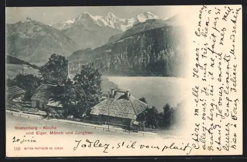 AK Beatenberg, Kirche mit Eiger, Mönch und Jungfrau
