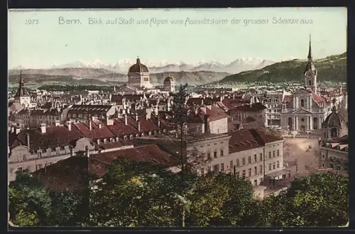 AK Bern, Teilansicht mit den Alpen vom Aussichtsturm der grossen Schanze aus