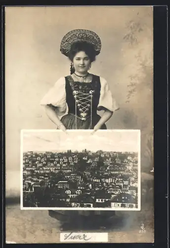 AK St-Gallen, Teilansicht, Frau in Tracht, Passepartout